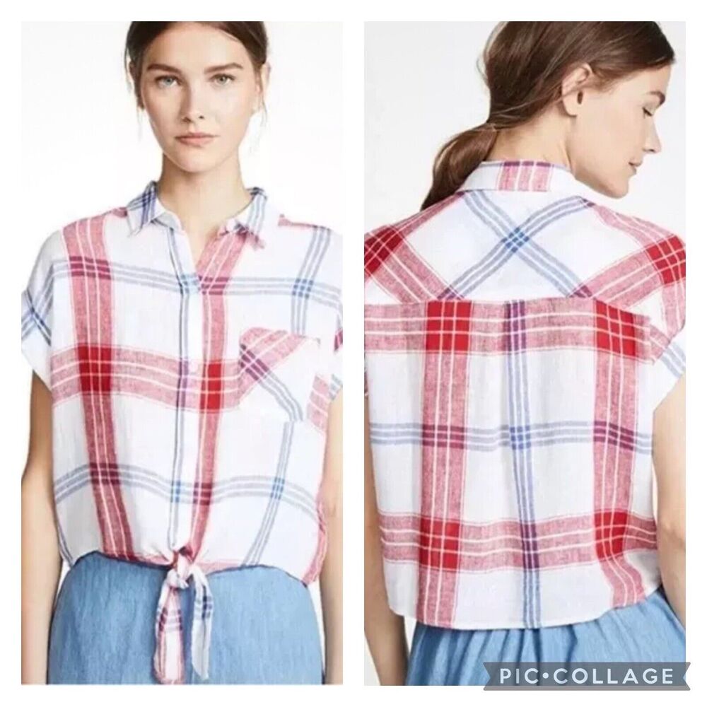 Rails Amelie Linen Plaid Tie Front Top Size Large - image 1